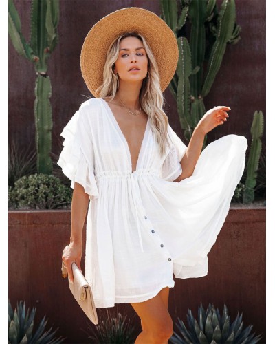 Dresses White Short Sleeves Buttons Short Dress Mini Bohemian Summer