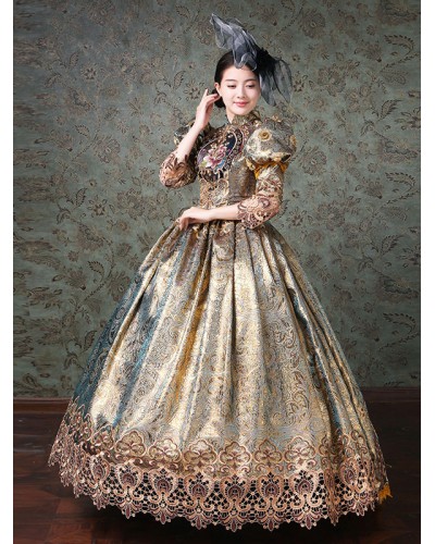 Rococo Victorian Dress Chinese Style Floral Print Lace 3/4-Length Sleeve Champagne Classical Lolita Dress Classic  Traditional Daily Casual Tea Party