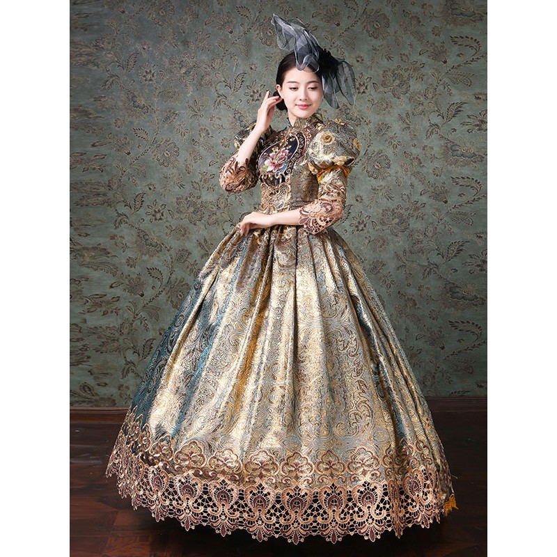 Rococo Victorian Dress Chinese Style Floral Print Lace 3/4-Length Sleeve Champagne Classical Lolita Dress Classic  Traditional Daily Casual Tea Party