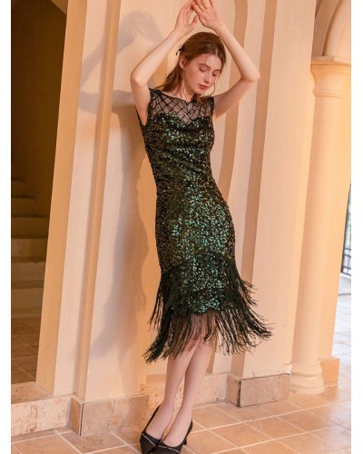 Women 1920S Party Dresses Jewel Neck Sequins Sleeveless Semi Formal Dress Vintage Summer