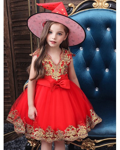 Women Carnival Witch Cosplay Costumes For Chirdren Hot Stamping Lace Red Kids Dress With Hat Tunic