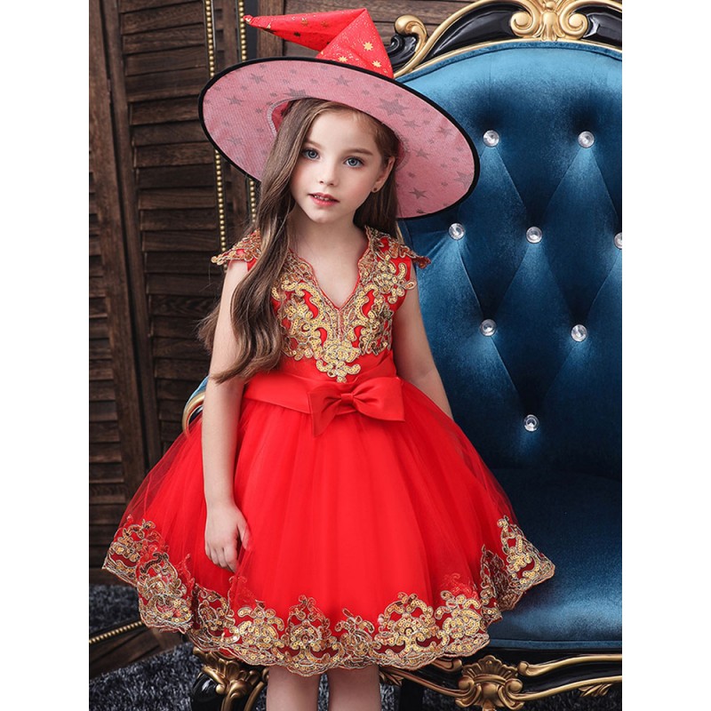 Women Carnival Witch Cosplay Costumes For Chirdren Hot Stamping Lace Red Kids Dress With Hat Tunic