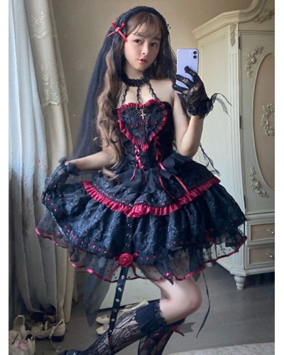 Gothic Lolita Dresses Flowers Lace Black