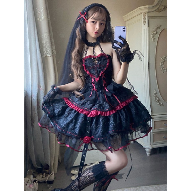 Gothic Lolita Dresses Flowers Lace Black