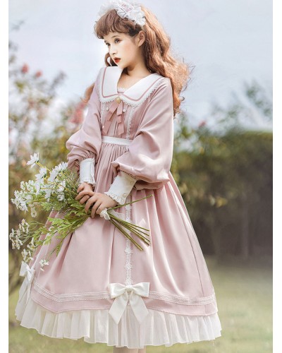 Sweet Lolita Dress Polyester Long Sleeves Ruffles Lace Bows Pink Sweet Lolita One Piece Dress