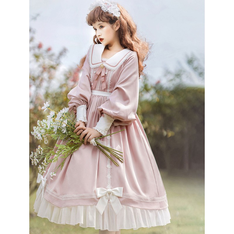 Sweet Lolita Dress Polyester Long Sleeves Ruffles Lace Bows Pink Sweet Lolita One Piece Dress