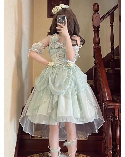 Sweet Lolita JSK Dress Lace Lace Up Green Lolita Jumper Skirts