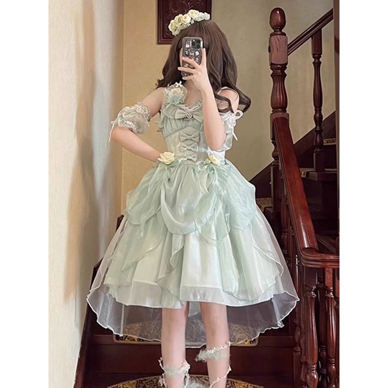 Sweet Lolita JSK Dress Lace Lace Up Green Lolita Jumper Skirts