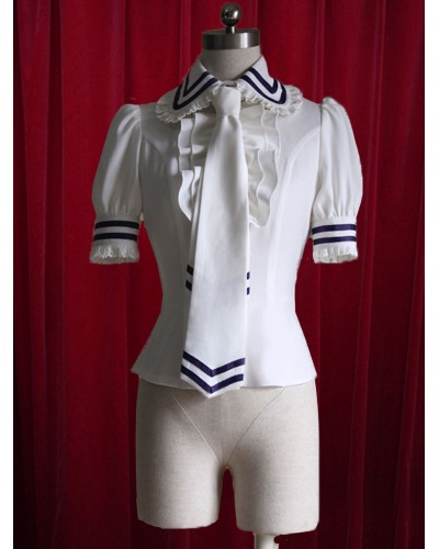 White Lolita Blouse Stripes Tie Ruffles Cotton Blouse For Women