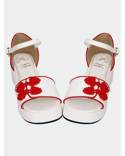 White Qi Lolita Sandals Platform Red Chinese Style Buttons Lovely Halloween