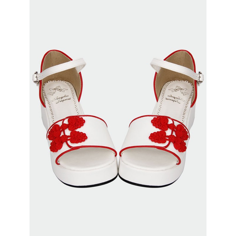 White Qi Lolita Sandals Platform Red Chinese Style Buttons Lovely Halloween