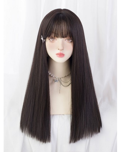 Lolita Wigs Brownish Black Long Heat-resistant Fiber Lolita Accessories Sweet Daily Casual