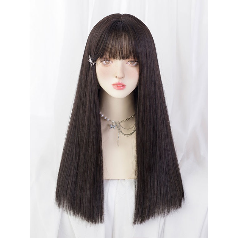 Lolita Wigs Brownish Black Long Heat-resistant Fiber Lolita Accessories Sweet Daily Casual