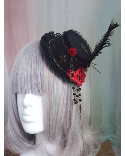 Gothic Lolita Hair Accessory Flower Pearl Chain Feather Black Lolita Hat Accessories Daily Casual Tea Party