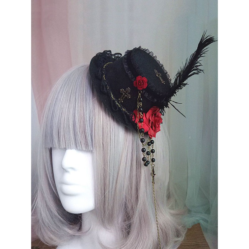 Gothic Lolita Hair Accessory Flower Pearl Chain Feather Black Lolita Hat Accessories Daily Casual Tea Party