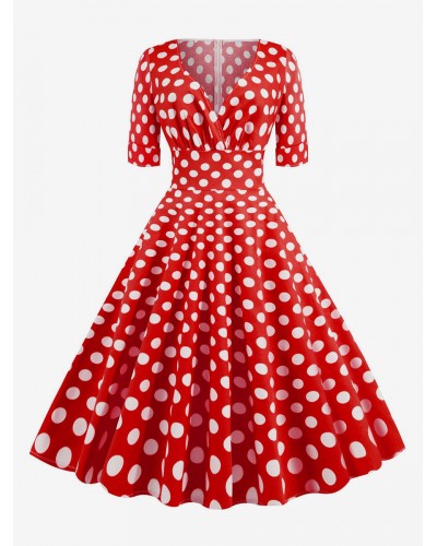 Women Dress 1950s Audrey Hepburn Style Red Polka Dot Short Sleeves V-Neck Swing Dress Vintage Daily Casual