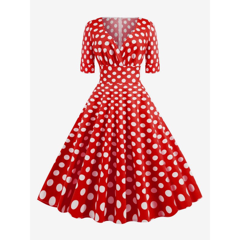 Women Dress 1950s Audrey Hepburn Style Red Polka Dot Short Sleeves V-Neck Swing Dress Vintage Daily Casual