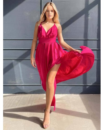 Women Party Dresses Violet V-Neck Split Front Sleeveless High-slit Semi Formal Dress Maxi Summer