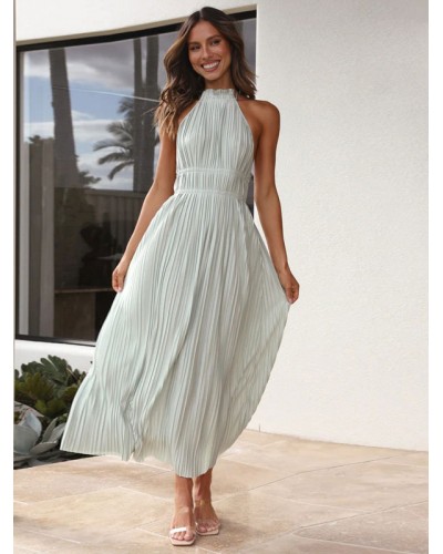 Women Maxi Dresses Black Halter Pleated Beach Dress Summer