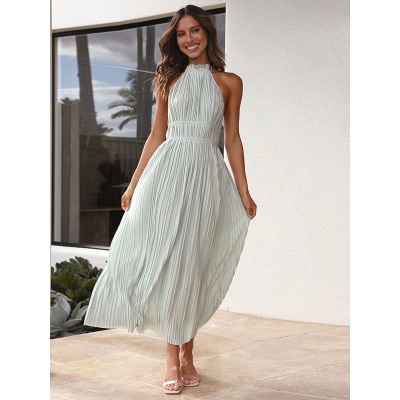 Women Maxi Dresses Black Halter Pleated Beach Dress Summer