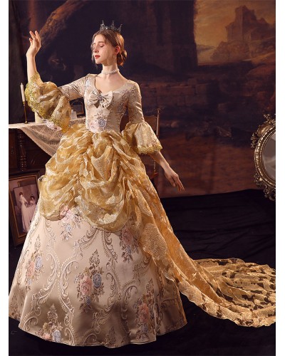 Women Golden Costumes Polyester Dress Marie Antoinette Costume 's Vintage Clothing Royal Retro Gothic Euro-Style