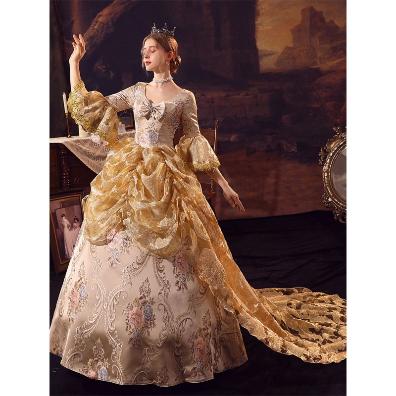 Women Golden Costumes Polyester Dress Marie Antoinette Costume 's Vintage Clothing Royal Retro Gothic Euro-Style