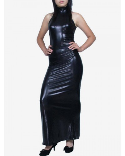 Black Sleeveless Shiny Metallic Fabric Bodycon Dress Solid