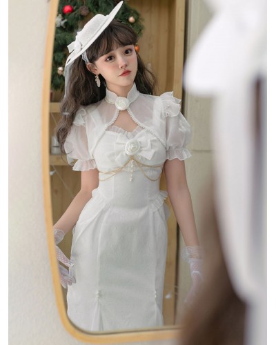 Chinese Style Lolita Dress Side Draping Short Sleeves Polyester Chinese Style Jacquard White Chinese Style Lolita