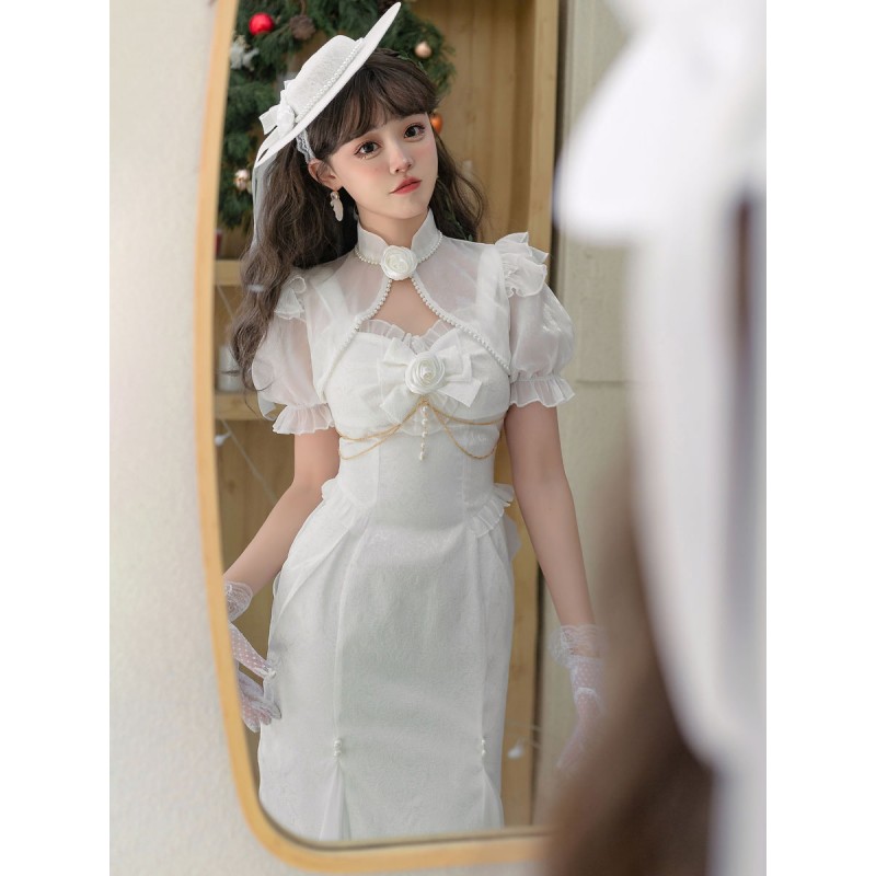 Chinese Style Lolita Dress Side Draping Short Sleeves Polyester Chinese Style Jacquard White Chinese Style Lolita