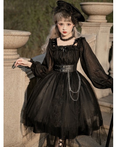 Lolita OP Dress Bows Long Sleeve Lace Ruffles Black Lolita One Piece Dress Gothic Summer Daily Casual