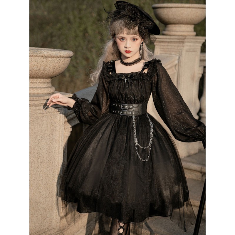 Lolita OP Dress Bows Long Sleeve Lace Ruffles Black Lolita One Piece Dress Gothic Summer Daily Casual