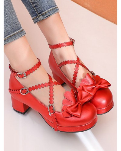 Sweet Lolita Pumps Bows Round Toe Leather Lolita Shoes Daily Casual