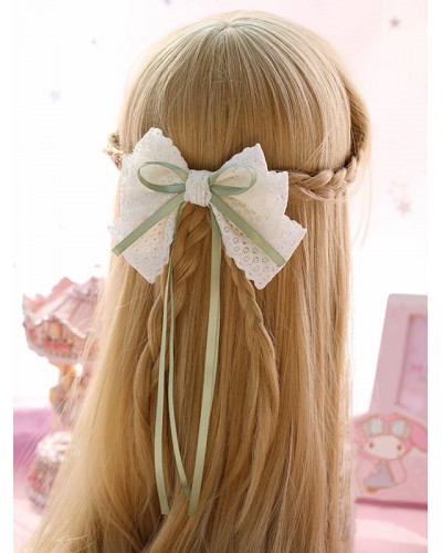 Sweet Lolita Hair Clip Lace Bow Two Tone Green Lolita Hair Accessory