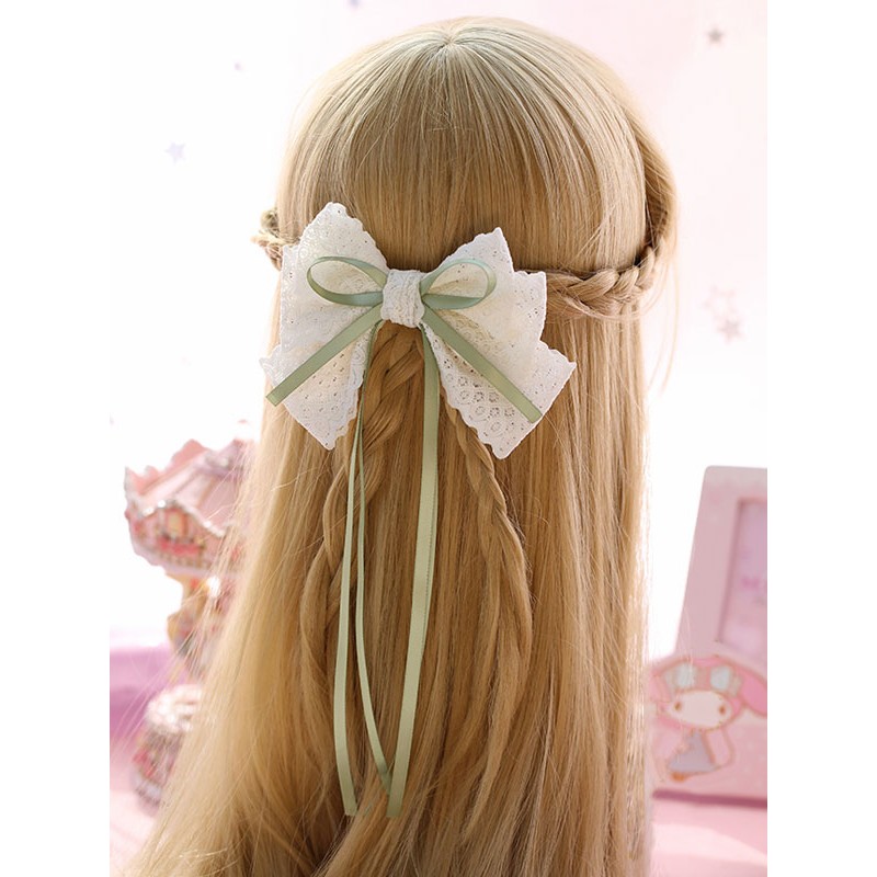 Sweet Lolita Hair Clip Lace Bow Two Tone Green Lolita Hair Accessory