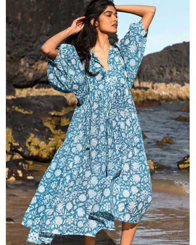 Women Boho Dress Half Sleeves Printed Oversized Pleated Dress Bohemian Summer