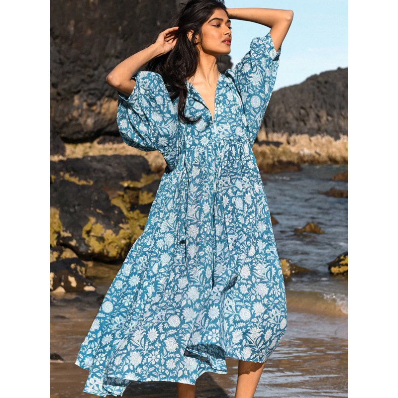 Women Boho Dress Half Sleeves Printed Oversized Pleated Dress Bohemian Summer