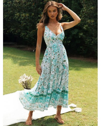 Women Floral Maxi Dresses Backless Lace Up V-Neck Sleeveless Backless Summer Long Dress Bohemian Dating Resort Wear