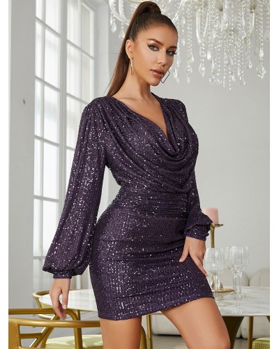 Birthday Party Dresses Purple V-Neck Sequins Long Sleeves Semi Formal Dress Sexy Night Out