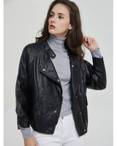 Faux Leather Moto Jacket Stand Collar PU Long Sleeve Style Button Relaxed Fit Spring Fall Black Biker Outerwear For Women Casual Boyfriend