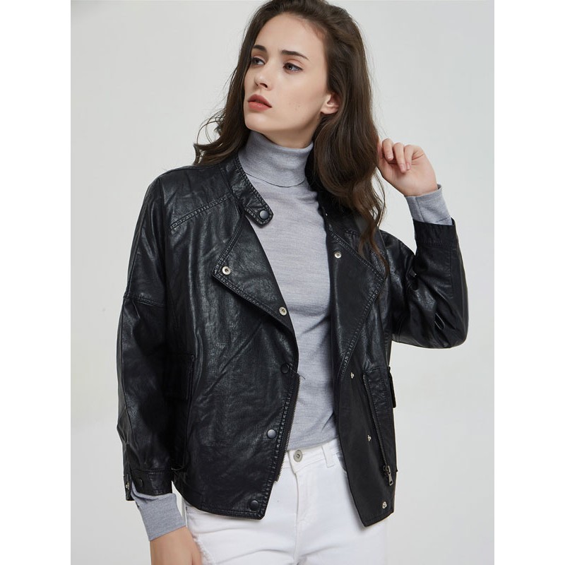 Faux Leather Moto Jacket Stand Collar PU Long Sleeve Style Button Relaxed Fit Spring Fall Black Biker Outerwear For Women Casual Boyfriend