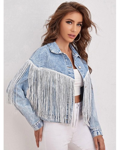 Women Turndown Collar Fringe High Waist Oversized Relaxed Fit Chic Street Outerwear Denim Jacket Spring Fall Street Wear Field