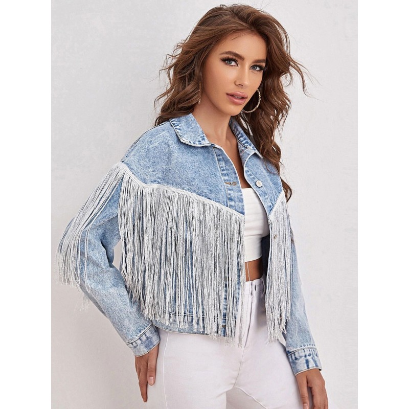 Women Turndown Collar Fringe High Waist Oversized Relaxed Fit Chic Street Outerwear Denim Jacket Spring Fall Street Wear Field