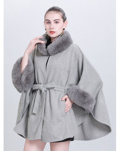 Women Poncho High Collar Light Gray Oversized Faux Fur Cape Casual Indoor Field