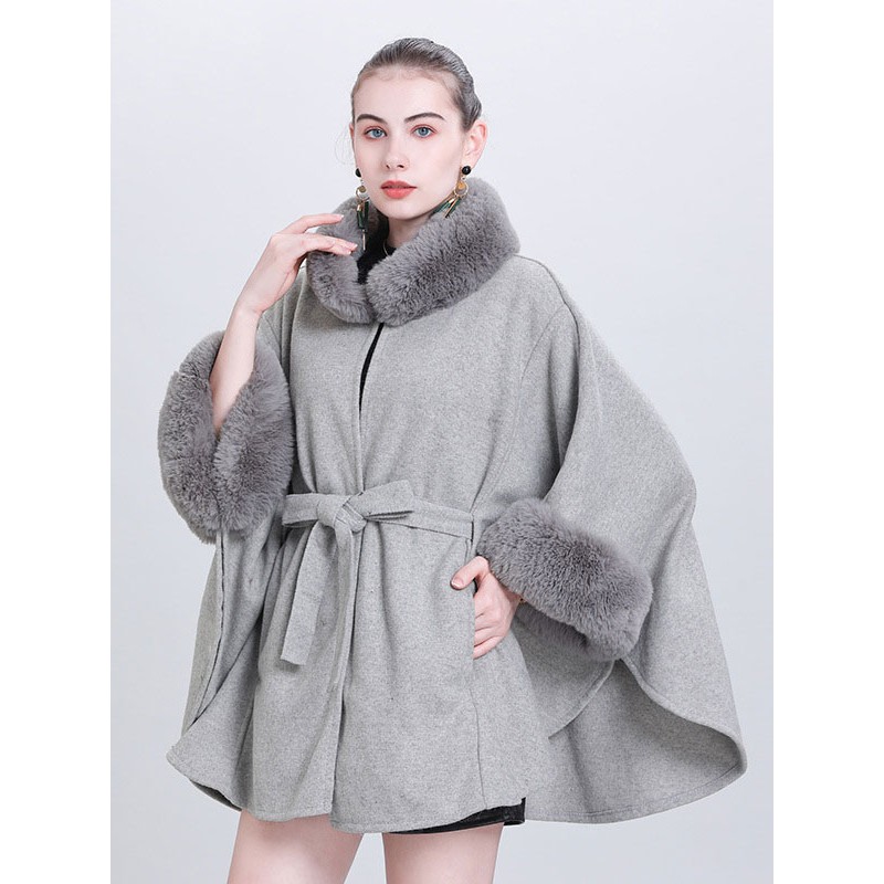 Women Poncho High Collar Light Gray Oversized Faux Fur Cape Casual Indoor Field