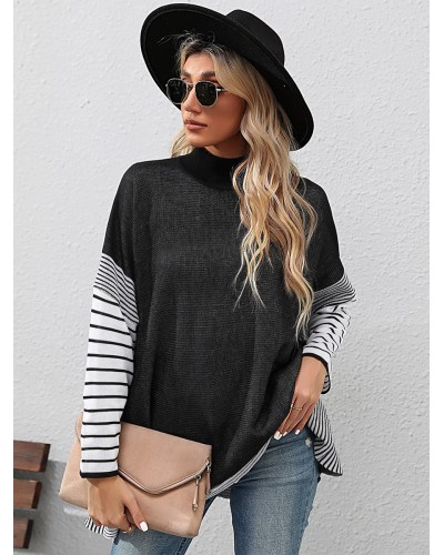 Women Pullover Sweater Black Stripes Crewneck Long Sleeves Oversized Acrylic Sweaters Casual Fall Winter