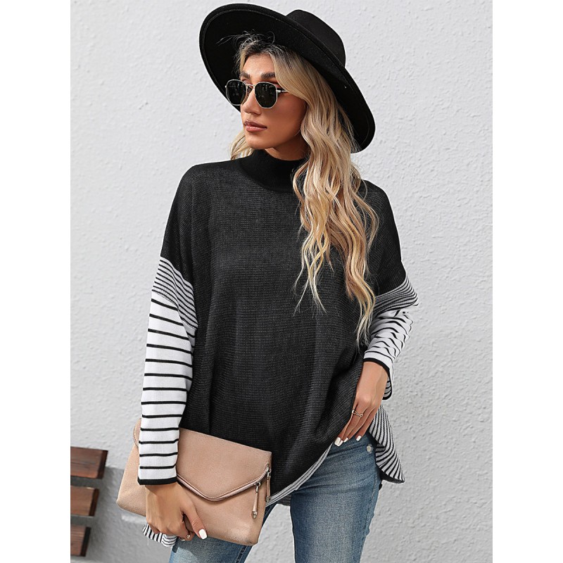 Women Pullover Sweater Black Stripes Crewneck Long Sleeves Oversized Acrylic Sweaters Casual Fall Winter