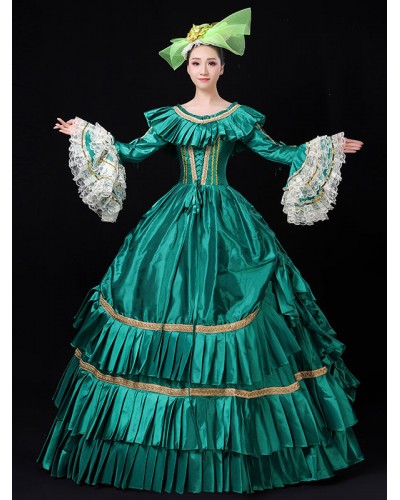 Victorian Dress Costume Women's Green Lace Trumpet Long Sleeves Ruffles Embroidered Marie Antoinette Ball Gown Victorian Era Clothing Costume Halloween Royal