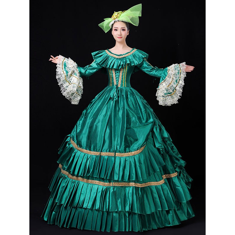 Victorian Dress Costume Women's Green Lace Trumpet Long Sleeves Ruffles Embroidered Marie Antoinette Ball Gown Victorian Era Clothing Costume Halloween Royal