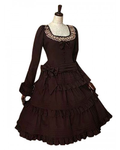 Lolita Dress OP Square Neckline Ruffles Long Sleeve Court Dress In Dark Brown Gothic Tea Party