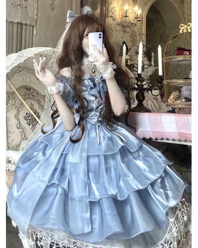 Sweet Lolita OP Dress Polyester Short Sleeves Bows Pleated Ruffles Pink Lolita One Piece Dress